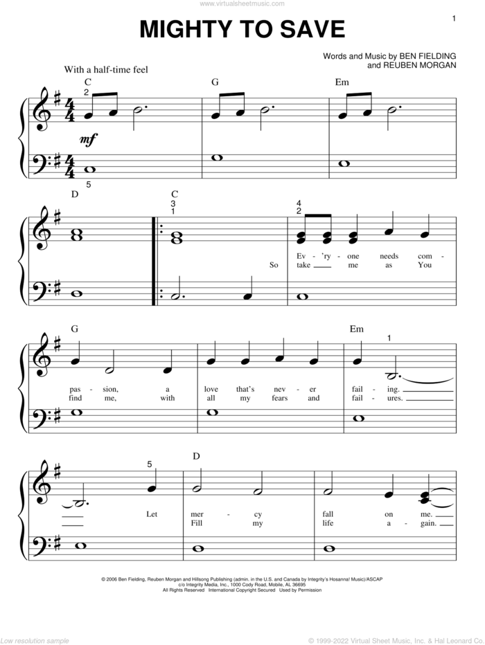 Mighty To Save sheet music for piano solo (big note book) by Reuben Morgan, Hillsong Worship and Ben Fielding, easy piano (big note book)
