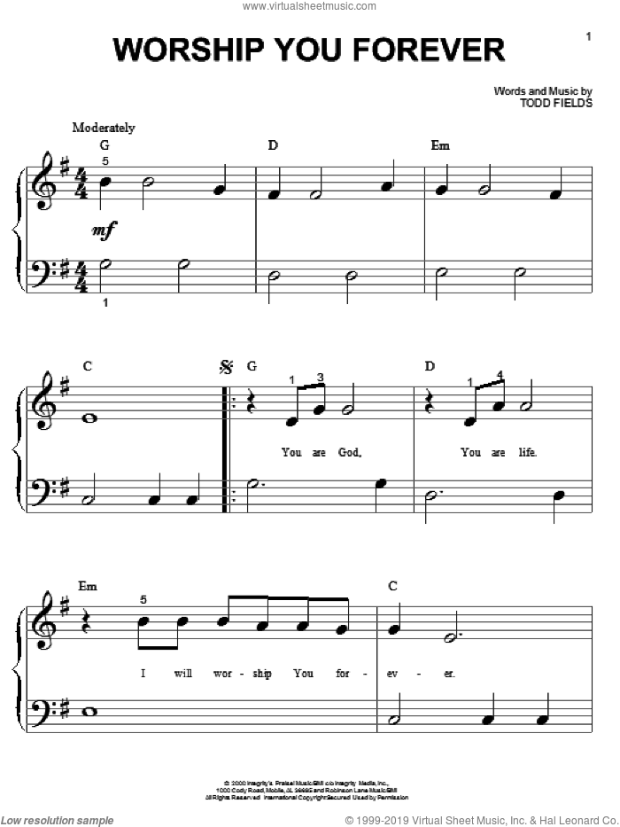 Worship You Forever sheet music for piano solo (big note book) by Todd Fields, easy piano (big note book)