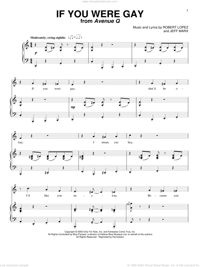 If You Were Gay (from Avenue Q) sheet music for voice and piano by Avenue Q, Jeff Marx, Robert Lopez and Robert Lopez & Jeff Marx, intermediate skill level