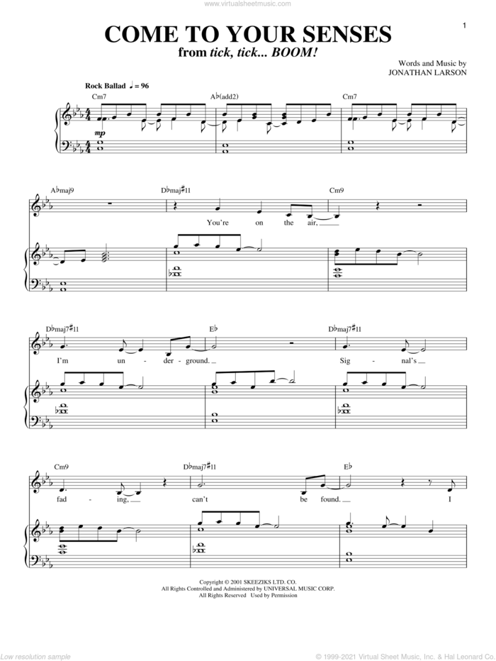 Come To Your Senses (from tick, tick... BOOM!) sheet music for voice and piano by Jonathan Larson and Tick, Tick...Boom! (Musical), intermediate skill level