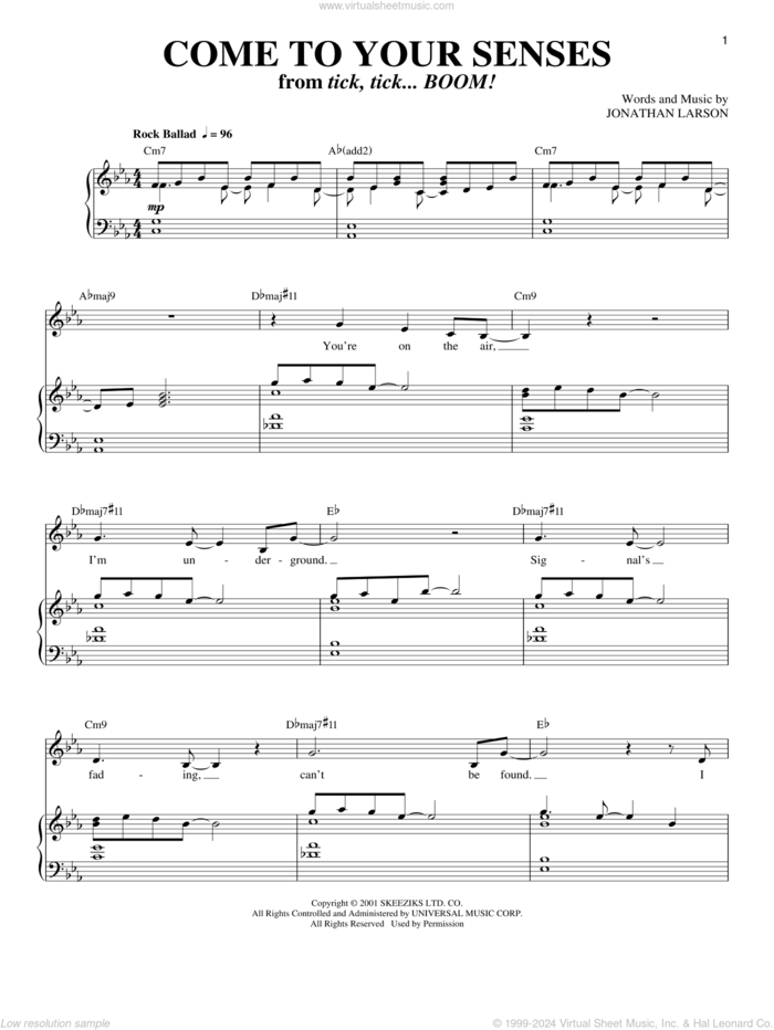 Come To Your Senses (from tick, tick... BOOM!) sheet music for voice and piano by Jonathan Larson and Tick, Tick...Boom! (Musical), intermediate skill level