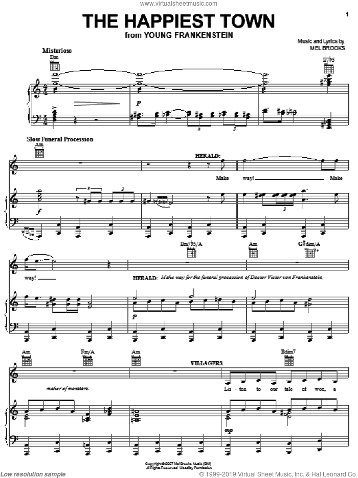 The Happiest Town sheet music for voice, piano or guitar by Mel Brooks, Young Frankenstein (Musical) and Thomas Meehan, intermediate skill level