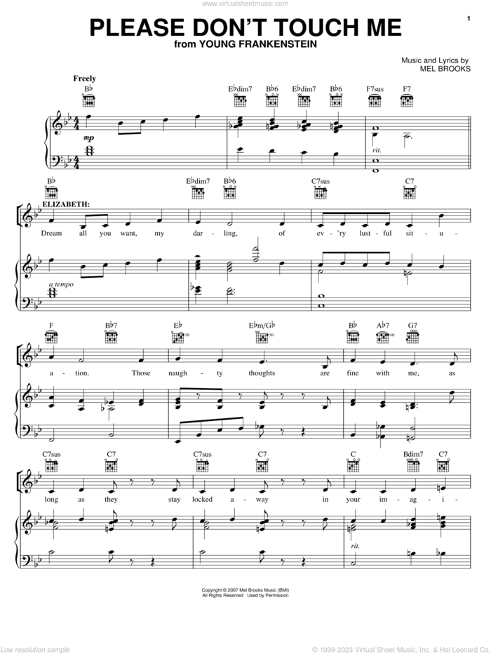 Please Don't Touch Me sheet music for voice, piano or guitar by Mel Brooks, Young Frankenstein (Musical) and Thomas Meehan, intermediate skill level