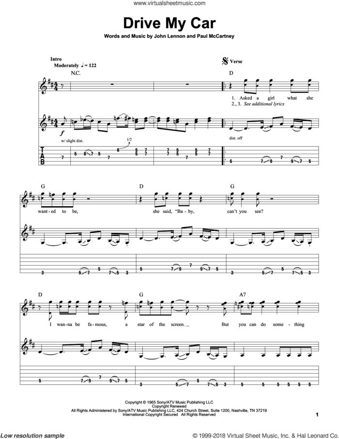Drive My Car sheet music for guitar (tablature, play-along) by The Beatles, John Lennon and Paul McCartney, intermediate skill level