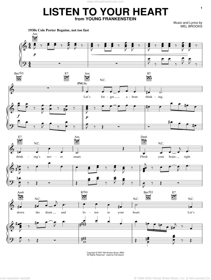 Listen To Your Heart sheet music for voice, piano or guitar by Mel Brooks, Young Frankenstein (Musical) and Thomas Meehan, intermediate skill level