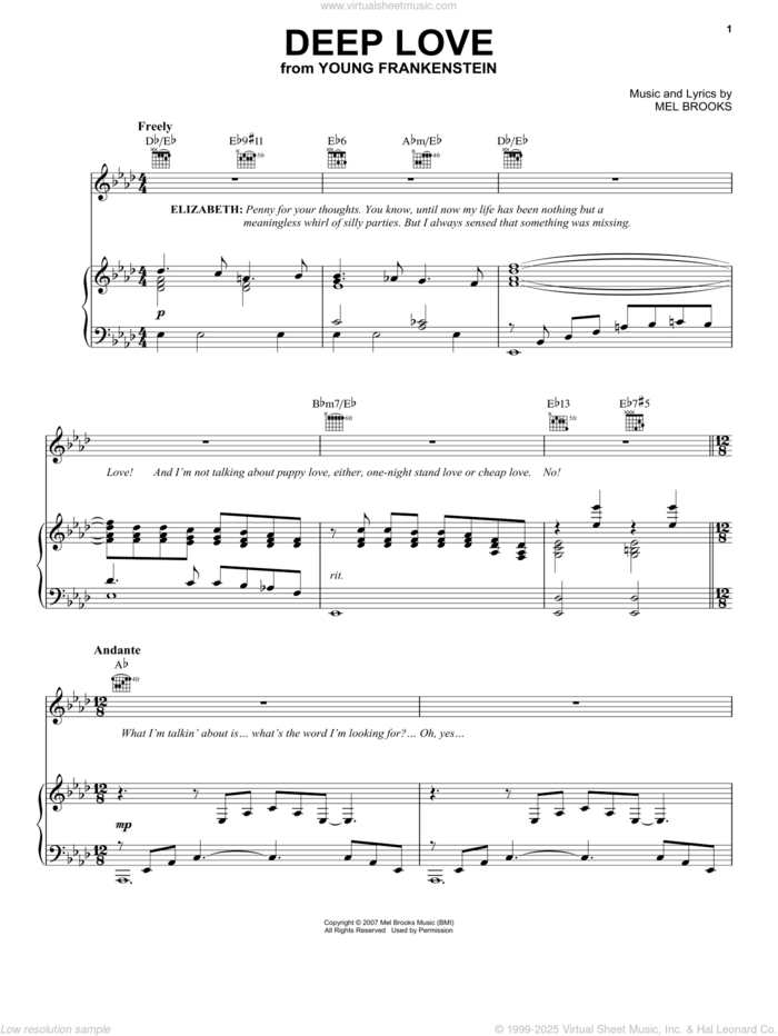 Deep Love sheet music for voice, piano or guitar by Mel Brooks, Young Frankenstein (Musical) and Thomas Meehan, intermediate skill level