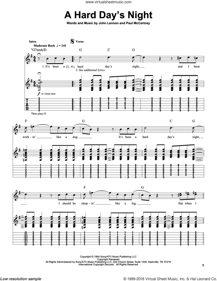 A Hard Day's Night sheet music for guitar (tablature, play-along) by The Beatles, John Lennon and Paul McCartney, intermediate skill level