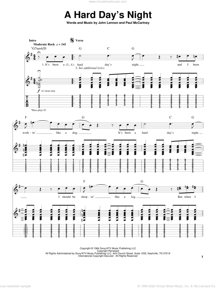 A Hard Day's Night sheet music for guitar (tablature, play-along) by The Beatles, John Lennon and Paul McCartney, intermediate skill level