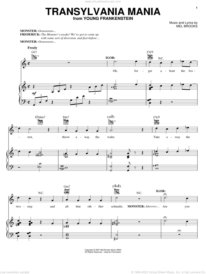 Transylvania Mania sheet music for voice, piano or guitar by Mel Brooks, Young Frankenstein (Musical) and Thomas Meehan, intermediate skill level