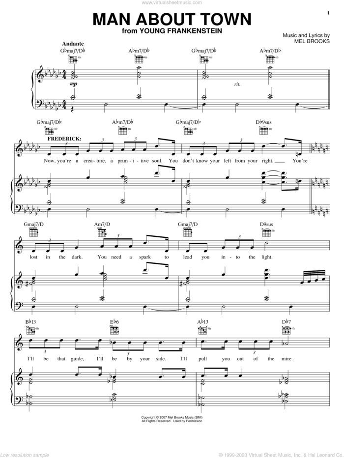 Man About Town sheet music for voice, piano or guitar by Mel Brooks, Young Frankenstein (Musical) and Thomas Meehan, intermediate skill level