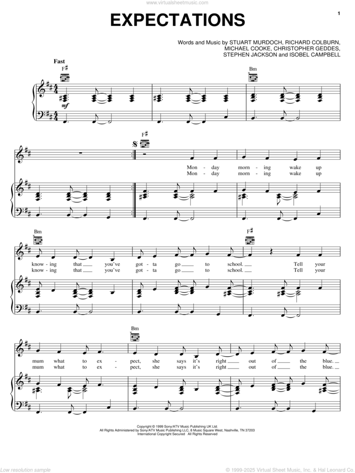 Expectations sheet music for voice, piano or guitar , Juno (Movie), Christopher Geddes, Isobel Campbell, Michael Cooke, Richard Colburn, Stephen Jackson and Stuart Murdoch, intermediate skill level