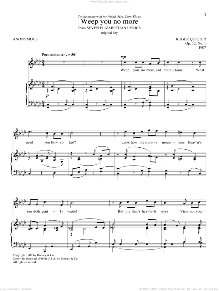 Weep You No More sheet music for voice and piano by Roger Quilter, intermediate skill level