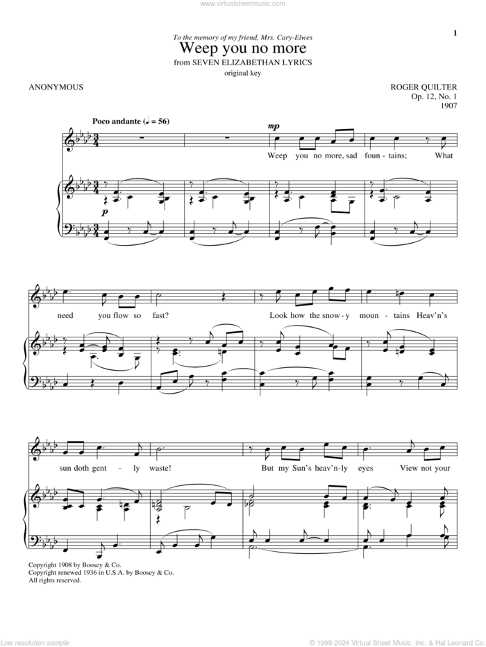 Weep You No More sheet music for voice and piano by Roger Quilter, intermediate skill level