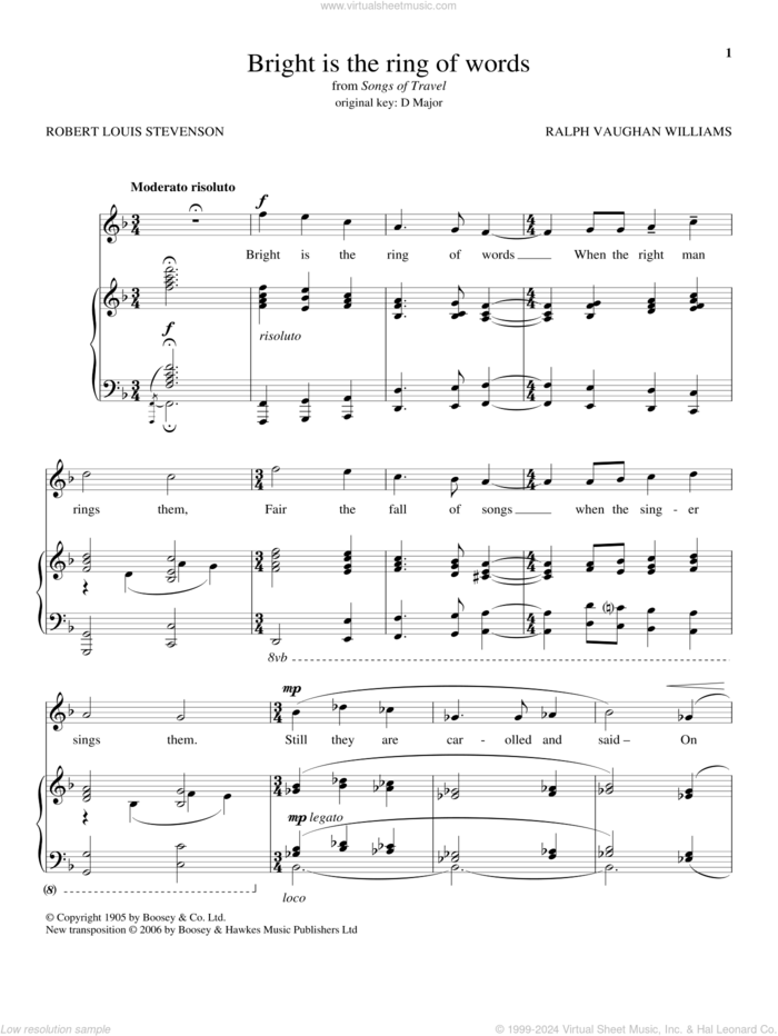 Bright Is The Ring Of Words sheet music for voice and piano by Ralph Vaughan Williams and Robert Louis Stevenson, classical score, intermediate skill level