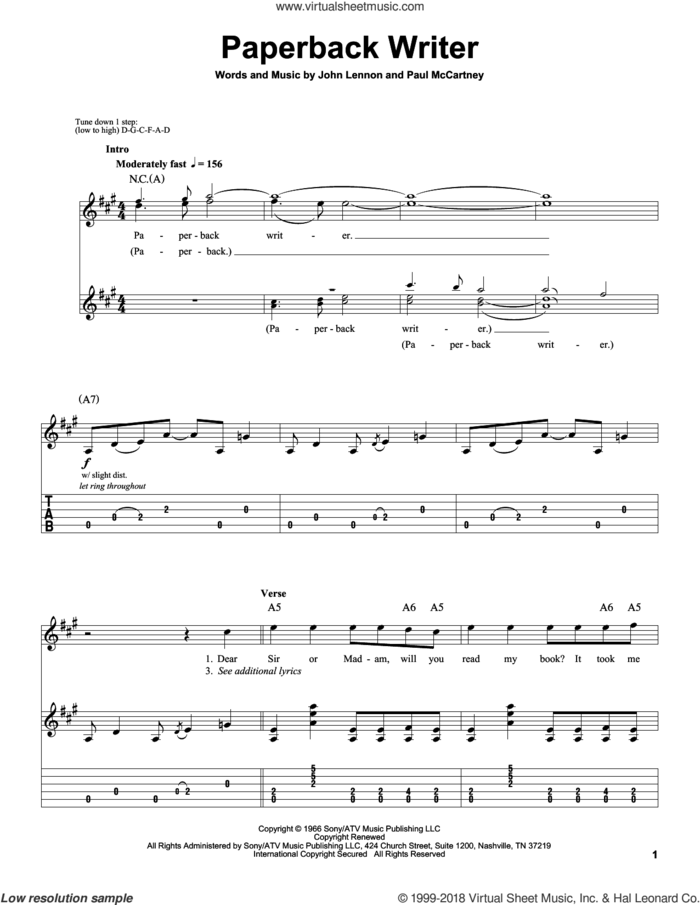 Paperback Writer sheet music for guitar (tablature, play-along) by The Beatles, John Lennon and Paul McCartney, intermediate skill level