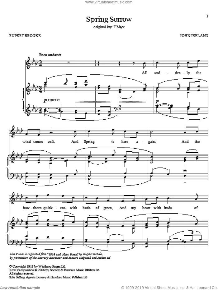 Spring Sorrow sheet music for voice and piano by Rupert Brooke and John Ireland, classical score, intermediate skill level