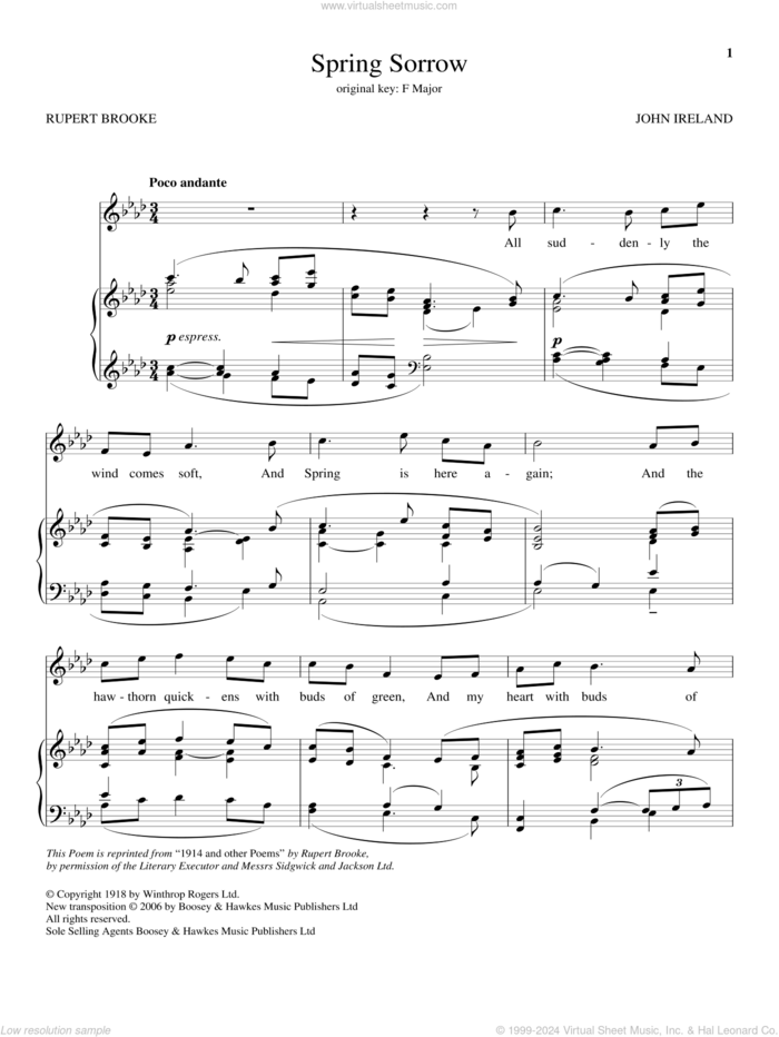 Spring Sorrow sheet music for voice and piano by Rupert Brooke and John Ireland, classical score, intermediate skill level