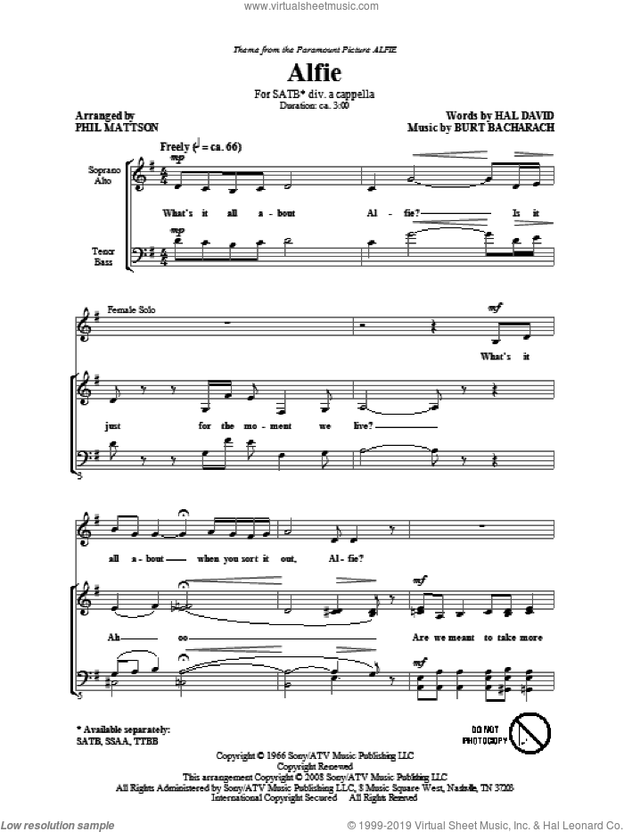 Alfie sheet music for choir (SATB: soprano, alto, tenor, bass) by Burt Bacharach, Hal David and Phil Mattson, intermediate skill level