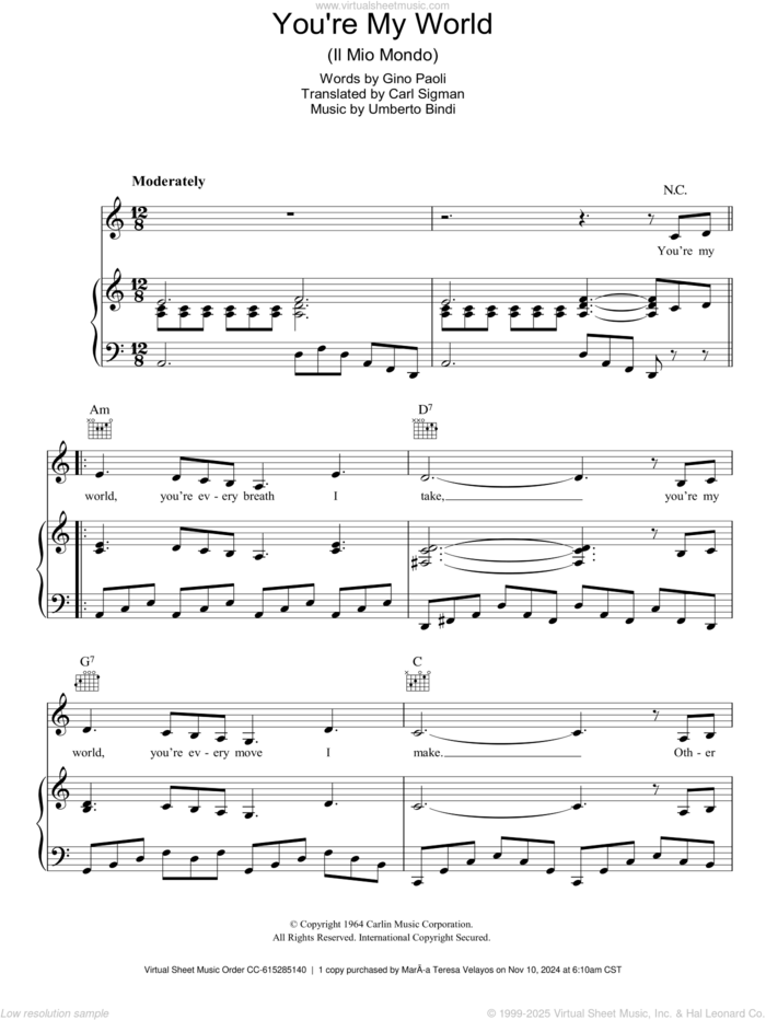 You're My World (Il Mio Mondo) sheet music for voice, piano or guitar by Carl Sigman, Umberto Bindi and Gino Paoli, intermediate skill level