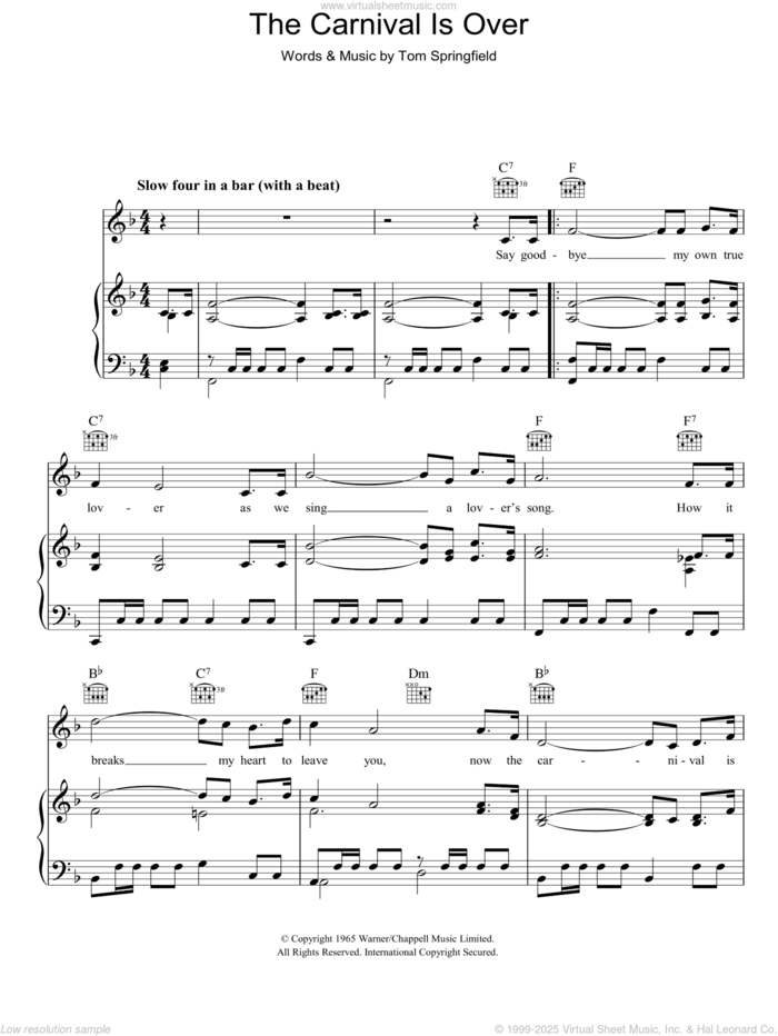 The Carnival Is Over sheet music for voice, piano or guitar by Tom Springfield, intermediate skill level