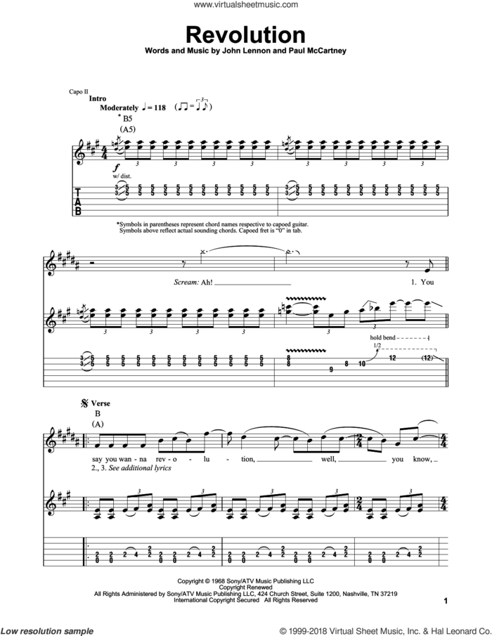 Revolution sheet music for guitar (tablature, play-along) by The Beatles, John Lennon and Paul McCartney, intermediate skill level