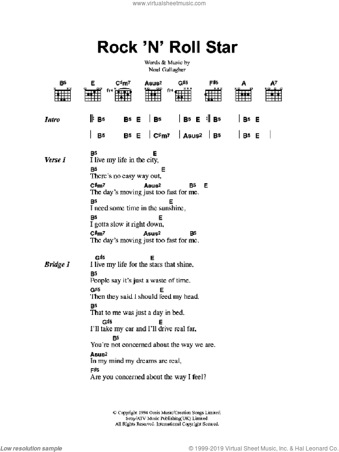 Rock 'N' Roll Star sheet music for guitar (chords) by Oasis and Noel Gallagher, intermediate skill level