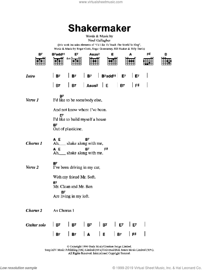 Shakermaker sheet music for guitar (chords) by Oasis and Noel Gallagher, intermediate skill level