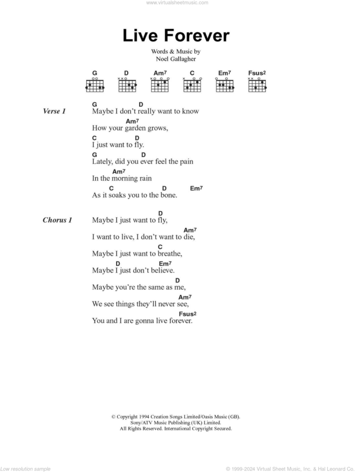 Live Forever sheet music for guitar (chords) by Oasis and Noel Gallagher, intermediate skill level