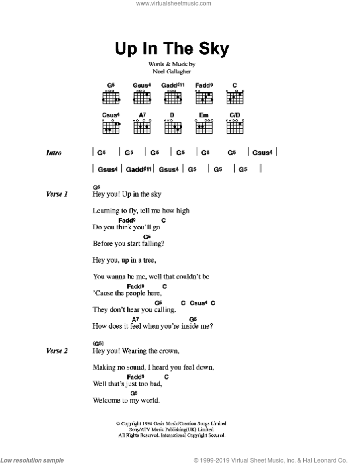 Up In The Sky sheet music for guitar (chords) by Oasis and Noel Gallagher, intermediate skill level