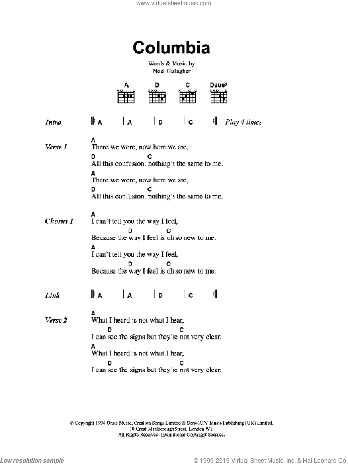 Columbia sheet music for guitar (chords) by Oasis and Noel Gallagher, intermediate skill level