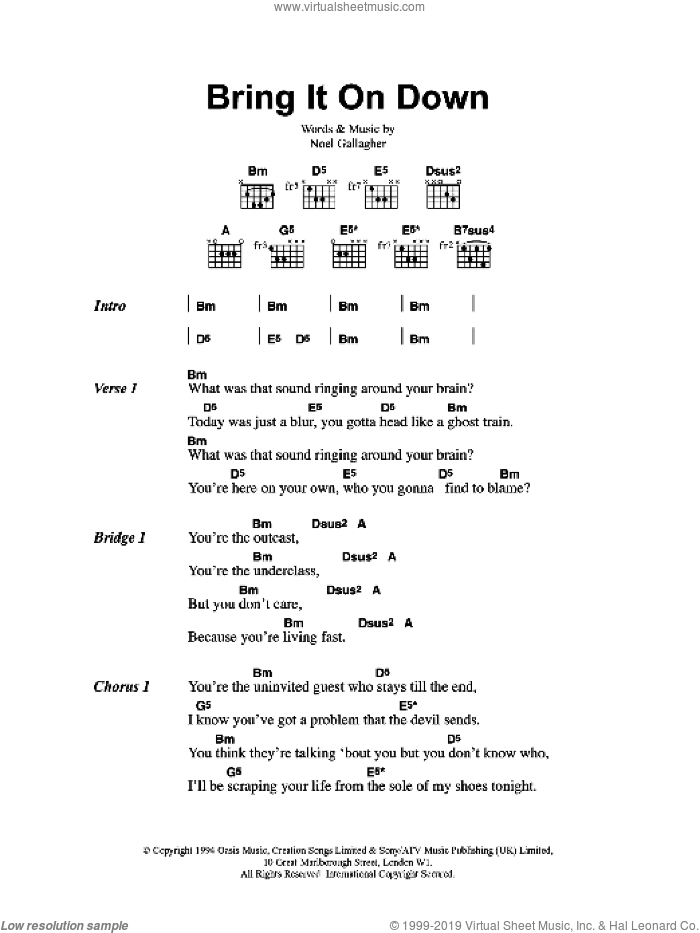 Bring It On Down sheet music for guitar (chords) by Oasis and Noel Gallagher, intermediate skill level