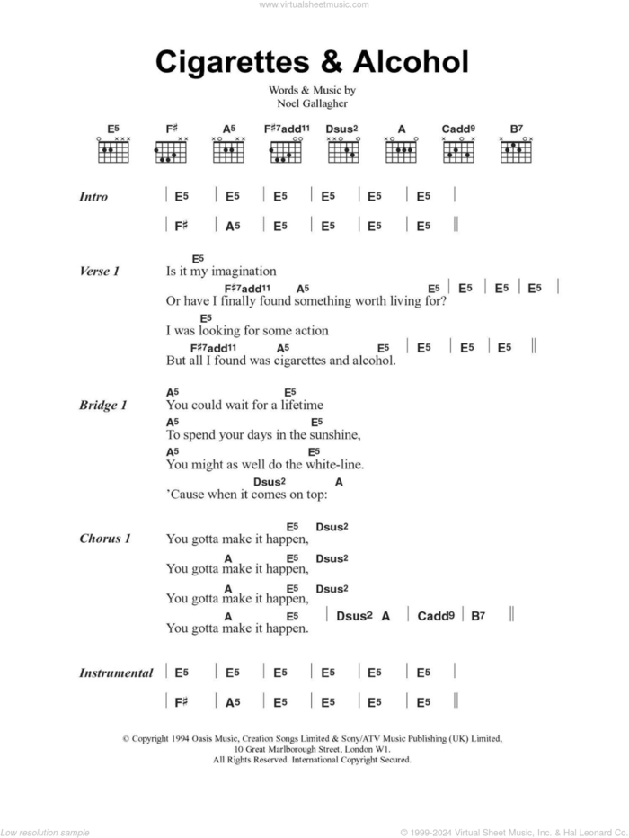 Cigarettes and Alcohol sheet music for guitar (chords) by Oasis and Noel Gallagher, intermediate skill level