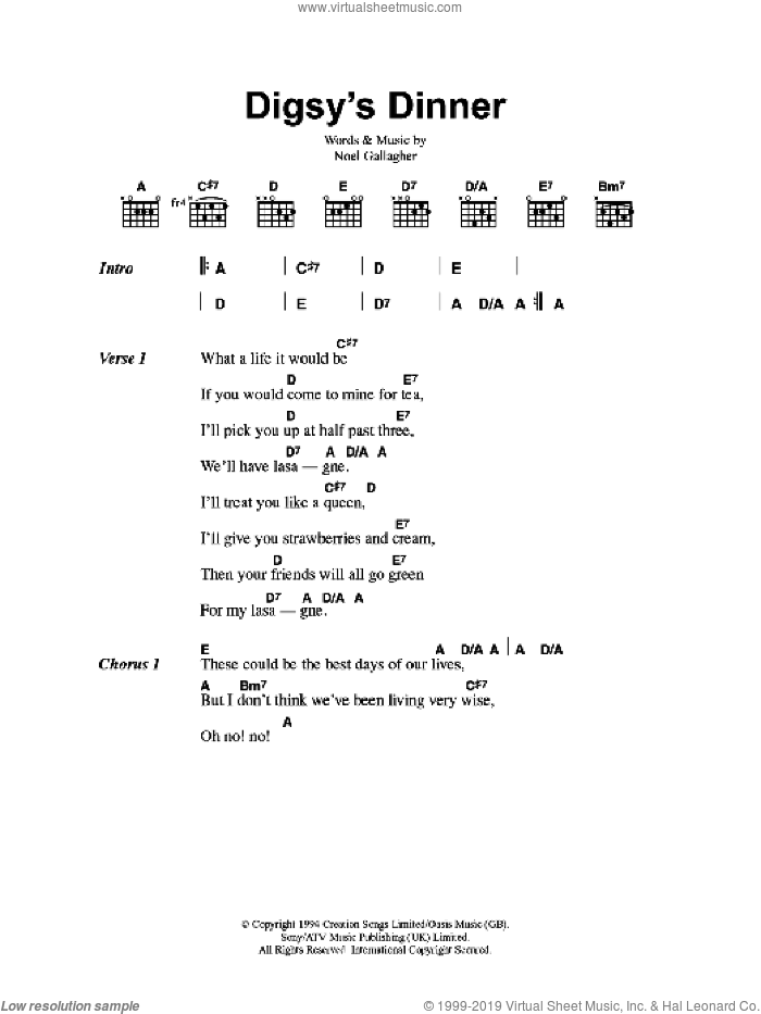 Digsy's Dinner sheet music for guitar (chords) by Oasis and Noel Gallagher, intermediate skill level