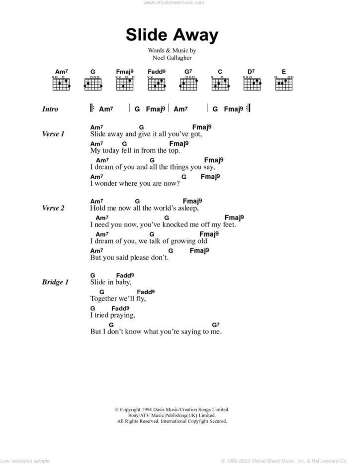 Slide Away sheet music for guitar (chords) by Oasis and Noel Gallagher, intermediate skill level