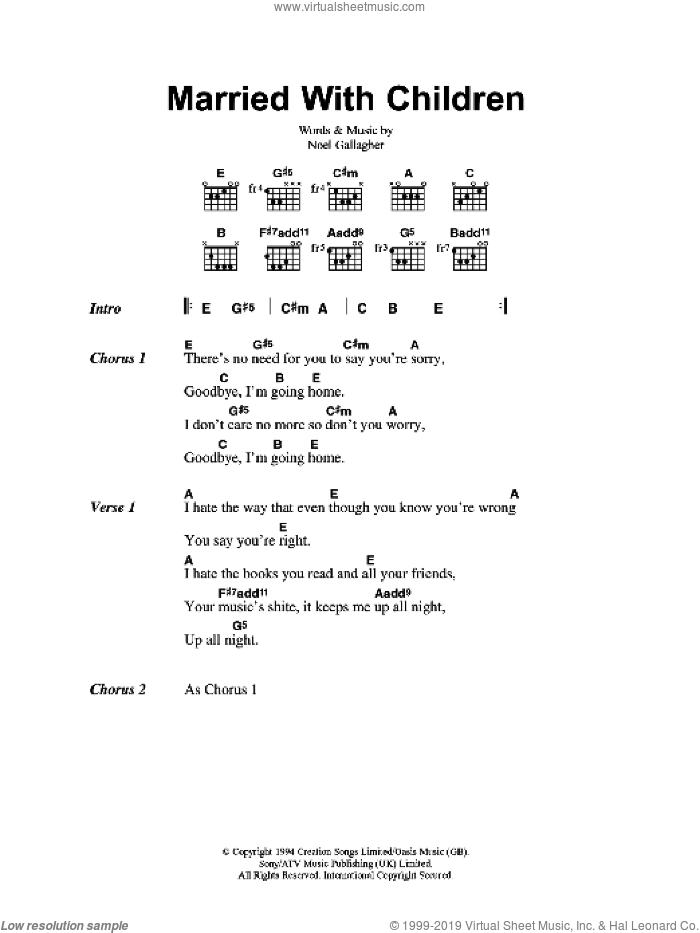 Married With Children sheet music for guitar (chords) by Oasis and Noel Gallagher, intermediate skill level