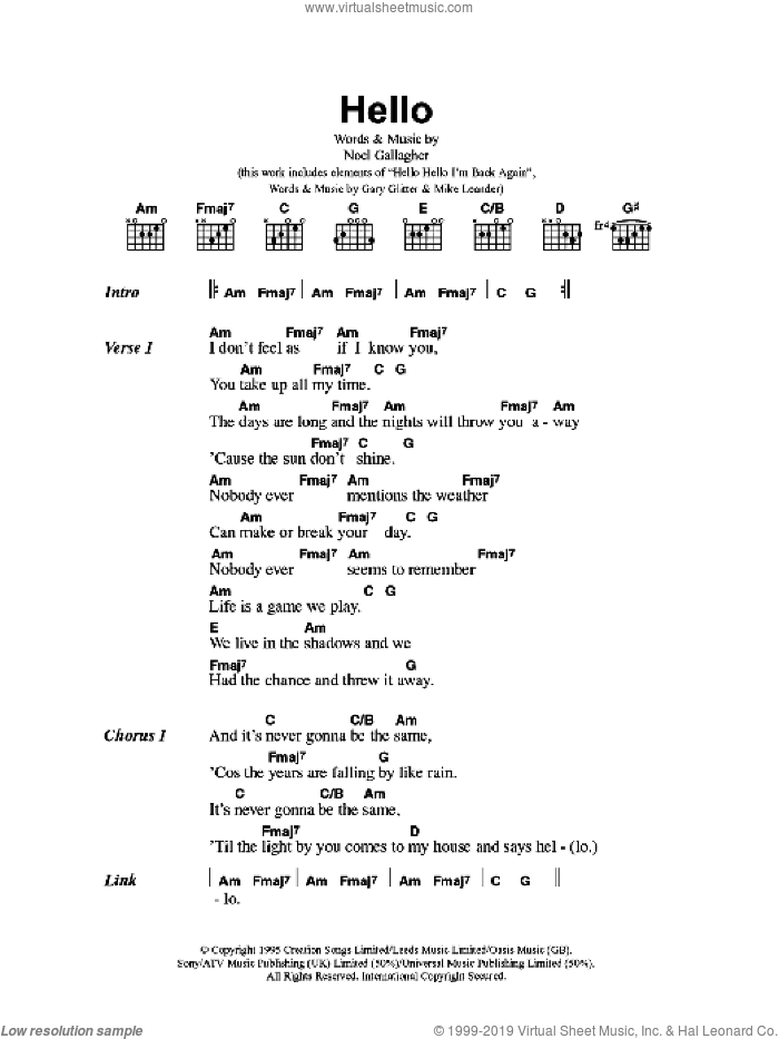 Hello sheet music for guitar (chords) by Oasis and Noel Gallagher, intermediate skill level