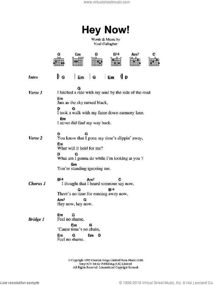 Hey Now! sheet music for guitar (chords) by Oasis and Noel Gallagher, intermediate skill level