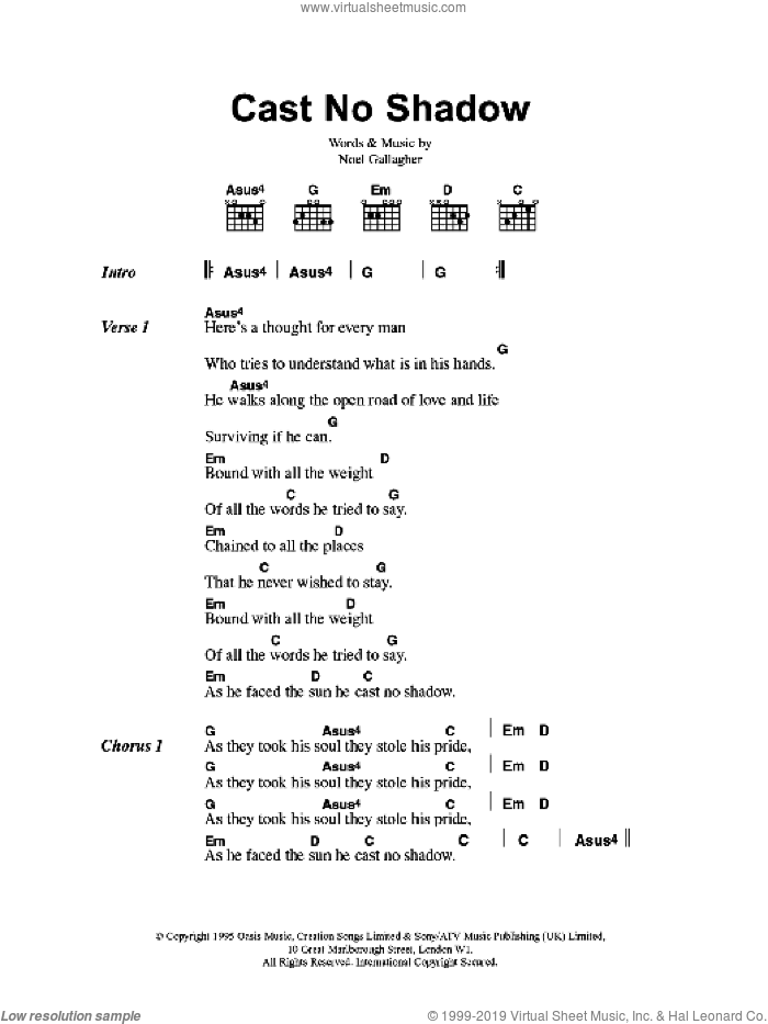 Cast No Shadow sheet music for guitar (chords) by Oasis and Noel Gallagher, intermediate skill level