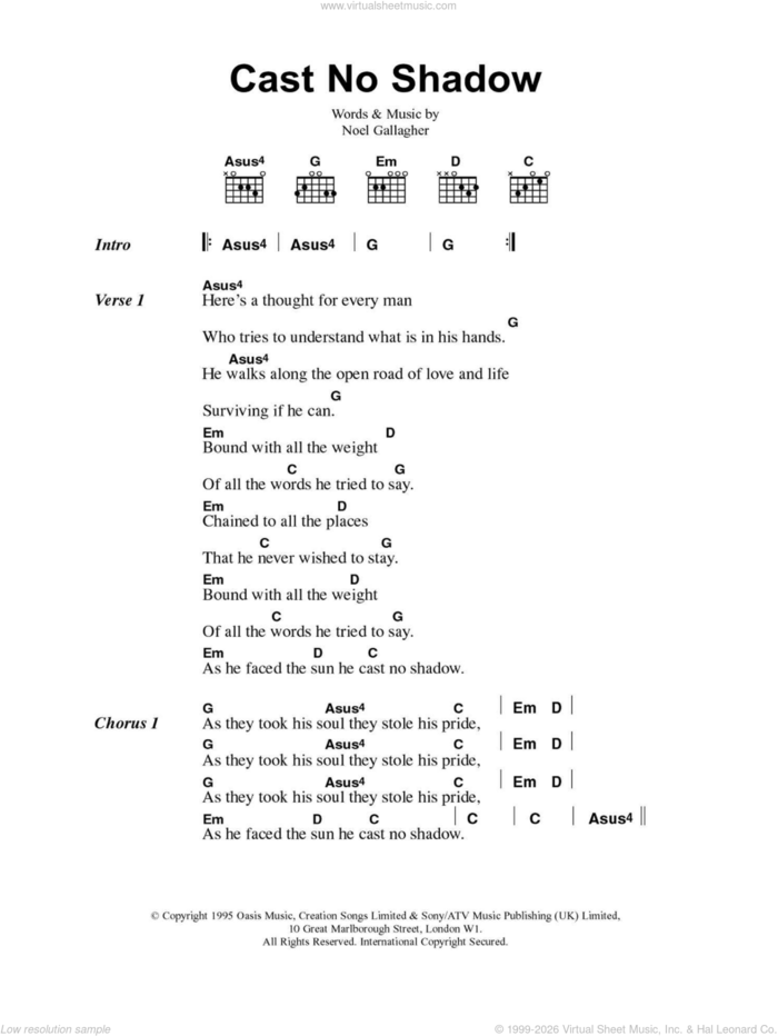 Cast No Shadow sheet music for guitar (chords) by Oasis and Noel Gallagher, intermediate skill level