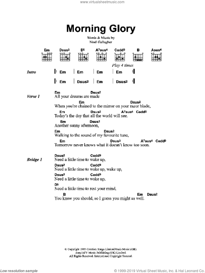 Morning Glory sheet music for guitar (chords) by Oasis and Noel Gallagher, intermediate skill level