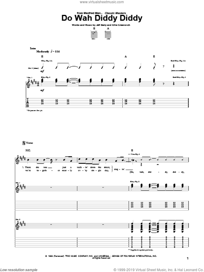 Do Wah Diddy Diddy sheet music for guitar (tablature) by Manfred Mann, Ellie Greenwich and Jeff Barry, intermediate skill level