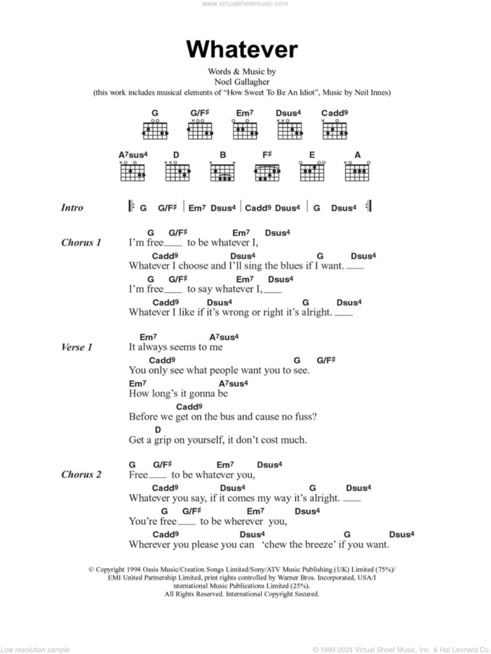 Whatever sheet music for guitar (chords) by Oasis and Noel Gallagher, intermediate skill level