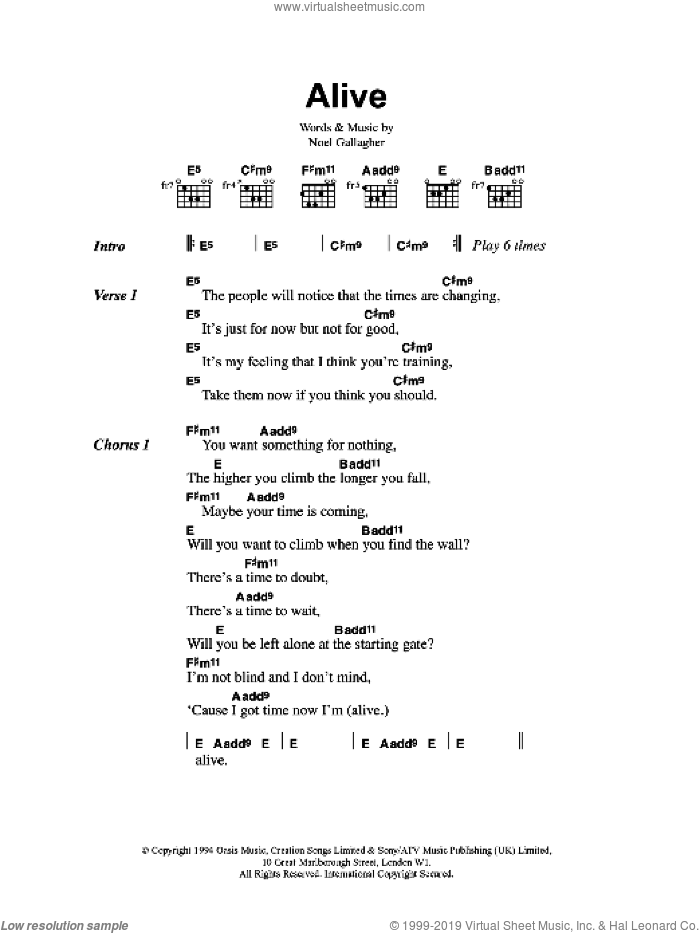 Alive sheet music for guitar (chords) by Oasis and Noel Gallagher, intermediate skill level