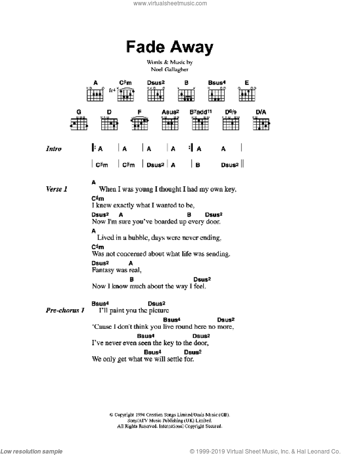 Fade Away sheet music for guitar (chords) by Oasis and Noel Gallagher, intermediate skill level