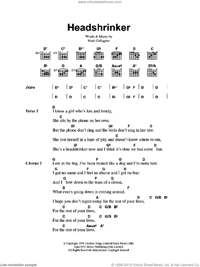 Headshrinker sheet music for guitar (chords) by Oasis and Noel Gallagher, intermediate skill level