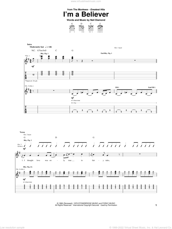 I'm A Believer sheet music for guitar (tablature) by The Monkees and Neil Diamond, intermediate skill level