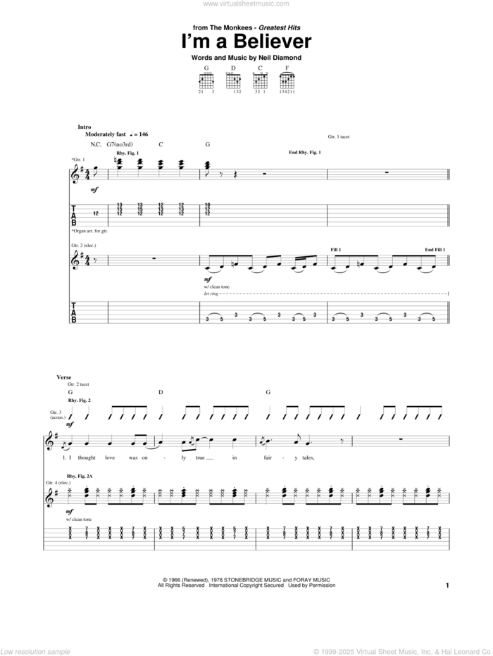 I'm A Believer sheet music for guitar (tablature) by The Monkees and Neil Diamond, intermediate skill level