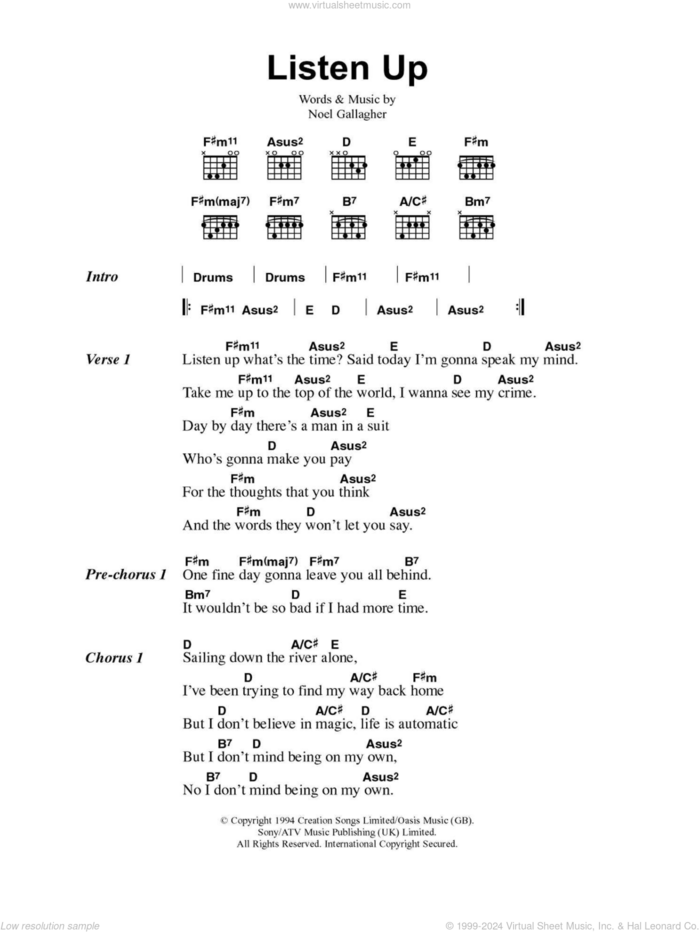 Listen Up sheet music for guitar (chords) by Oasis and Noel Gallagher, intermediate skill level