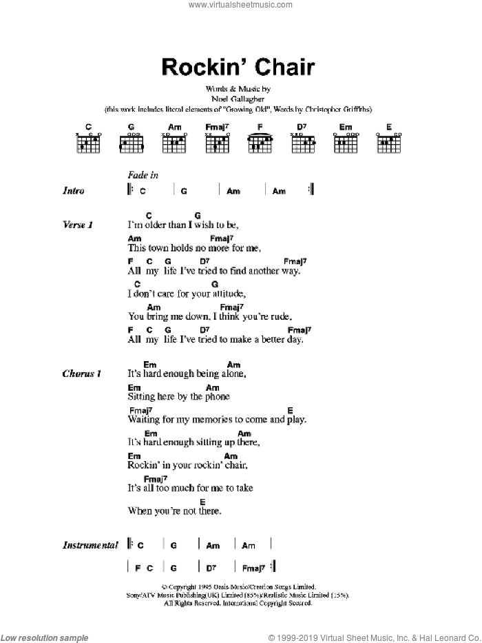 Rockin' Chair sheet music for guitar (chords) by Oasis and Noel Gallagher, intermediate skill level
