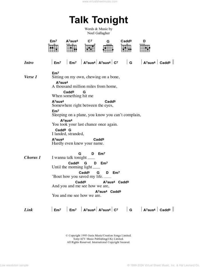 Talk Tonight sheet music for guitar (chords) by Oasis and Noel Gallagher, intermediate skill level